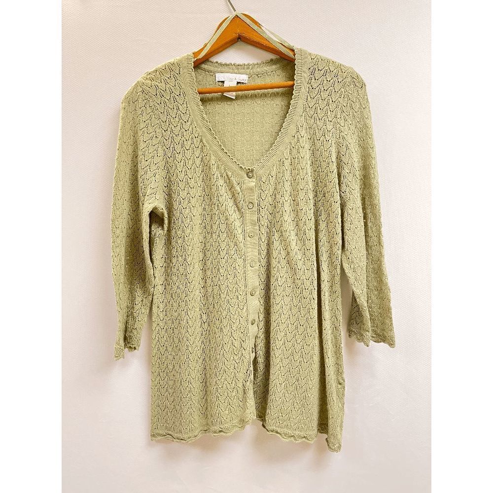 Lucy & Lauren Womens 3/4 Sleeve Crochet Knitted Cardigan Olive Green Sz L